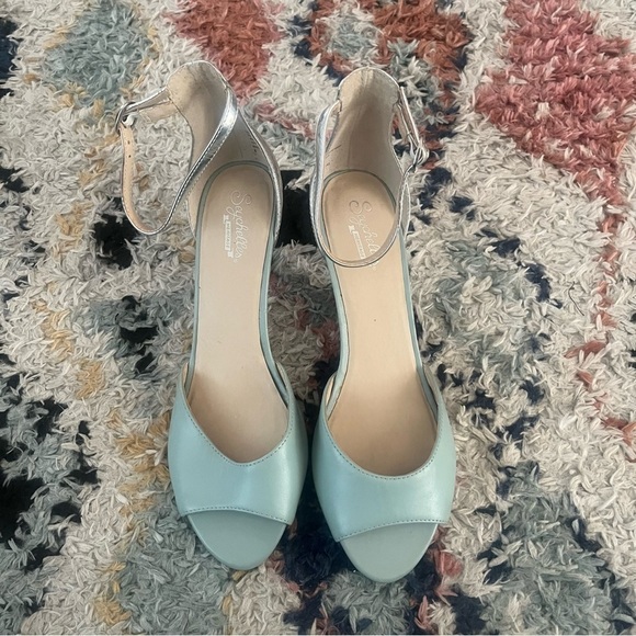 Seychelles Hazel Light Blue Silver Peep Toe Ankle Strap Retro Pin Up Heels 8 - Picture 3 of 5